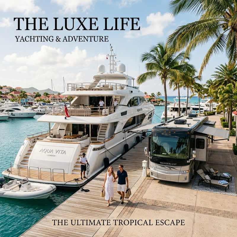 Luxury yacht docked near a coastal motorhome pavilion